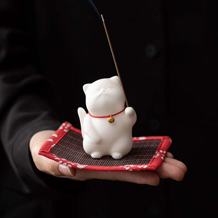 Buddha Stones Mini Cute Cat Ceramic Healing Incense Burner Desk Decoration