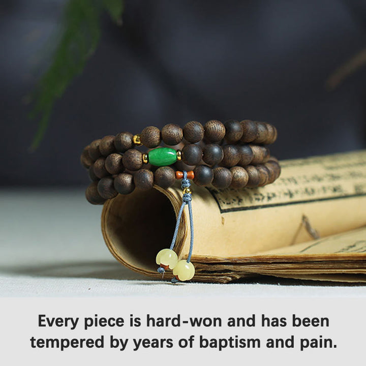 Buddha Stones 108 Mala Beads Nha Trang Bai Qinan Agarwood Cyan Jade Amber Strength Meditation Bracelet