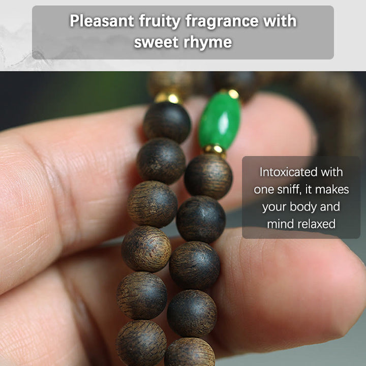 Buddha Stones 108 Mala Beads Nha Trang Bai Qinan Agarwood Cyan Jade Amber Strength Meditation Bracelet