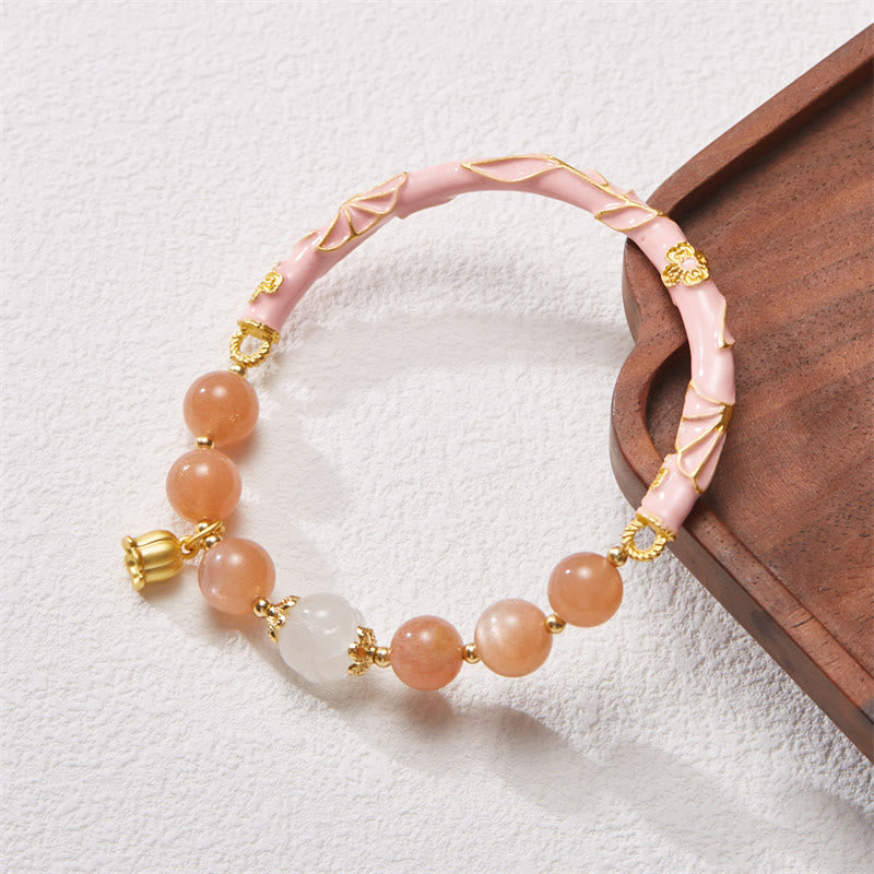Buddha Stones Sun Stone Golden Silk Jade Lily of the Valley Charm Positive Bracelet Bangle - Sun Stone&One Golden Silk Jade 14-16cm - image 1