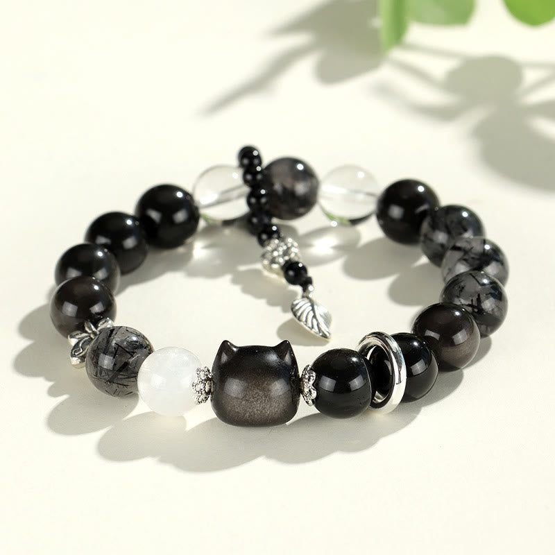 Buddha Stones Natural Silver Sheen Obsidian Cat Head Fox Planet Protection Bracelet