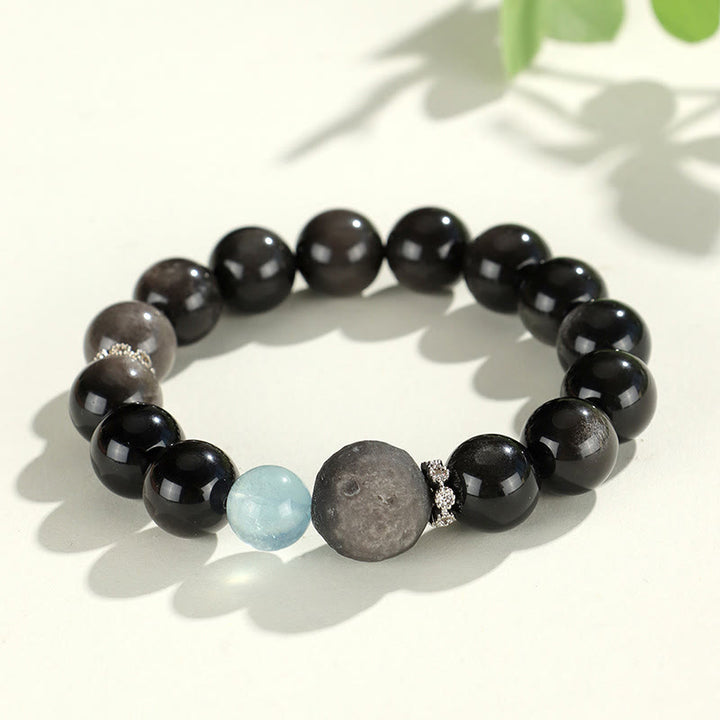 Buddha Stones Natural Silver Sheen Obsidian Cat Head Fox Planet Protection Bracelet