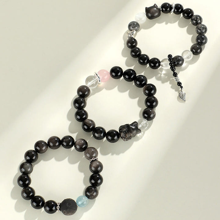 Buddha Stones Natural Silver Sheen Obsidian Cat Head Fox Planet Protection Bracelet - image 12