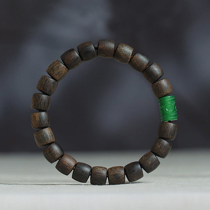 Buddha Stones Nha Trang Rare Bai Qinan Agarwood Cyan Jade Red Agate Laughing Buddha Tibetan Bone Strength Meditation Bracelet