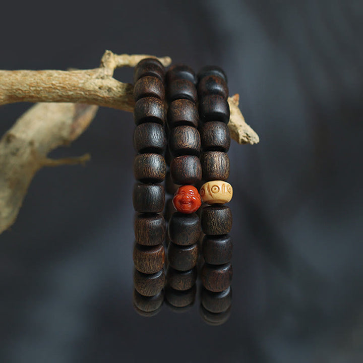 Buddha Stones Nha Trang Rare Bai Qinan Agarwood Cyan Jade Red Agate Laughing Buddha Tibetan Bone Strength Meditation Bracelet