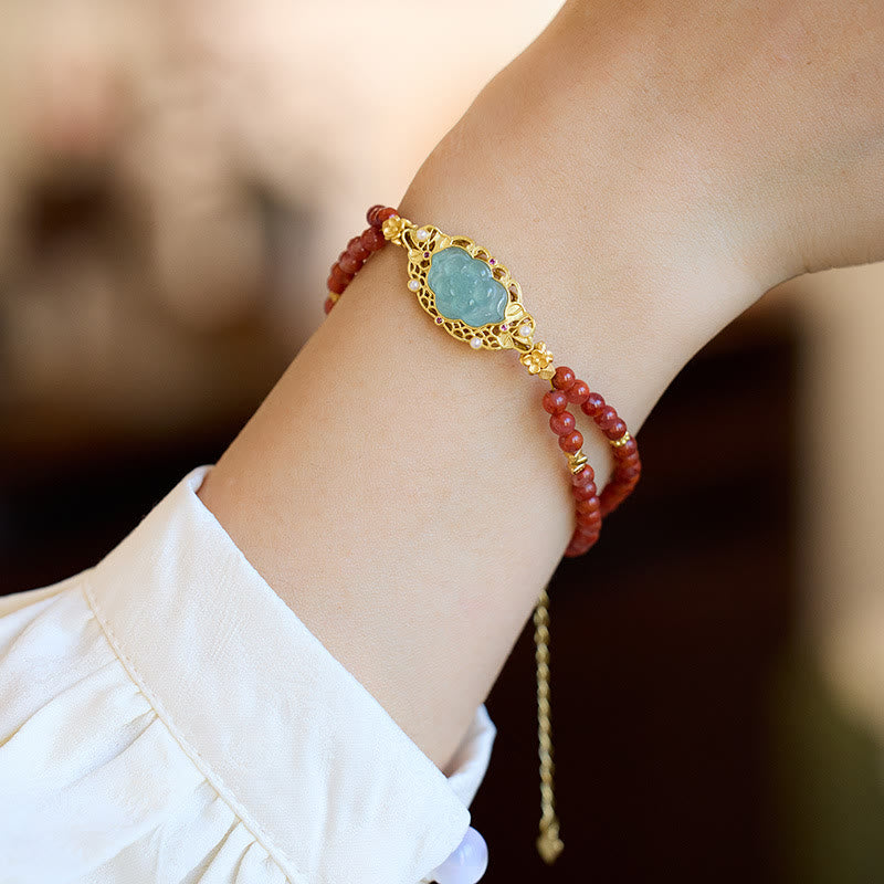 Buddha Stones 925 Sterling Silver Plated Gold Natural Red Agate Lotus Jade Calm Double Layer Bracelet