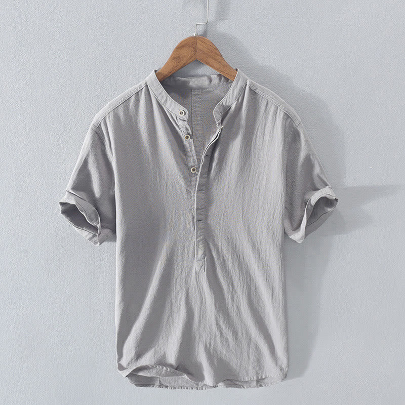 Buddha Stones Solid Color Short Sleeve Half Button Shirt Cotton Linen Men Clothing - LightGrey - US/UK/AU42，EU52 (3XL)  - image 13