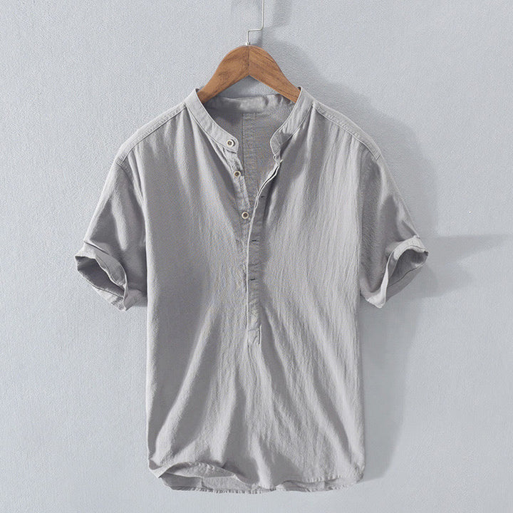 Buddha Stones Solid Color Short Sleeve Half Button Shirt Cotton Linen Men Clothing - LightGrey - US/UK/AU42，EU52 (3XL)  - image 13