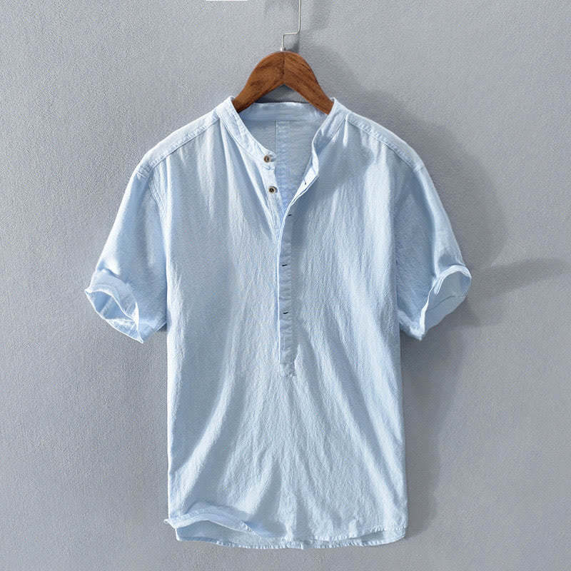 Buddha Stones Solid Color Short Sleeve Half Button Shirt Cotton Linen Men Clothing - LightSkyBlue - US/UK/AU42，EU52 (3XL)  - image 12