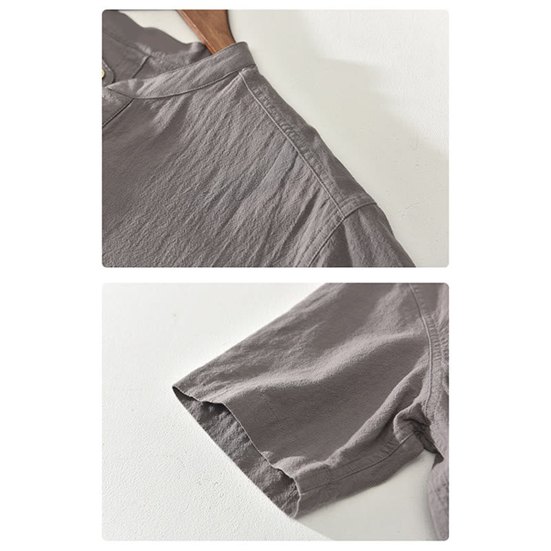 Buddha Stones Solid Color Short Sleeve Half Button Shirt Cotton Linen Men Clothing - image 14
