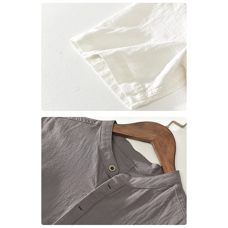 Buddha Stones Solid Color Short Sleeve Half Button Shirt Cotton Linen Men Clothing - image 15