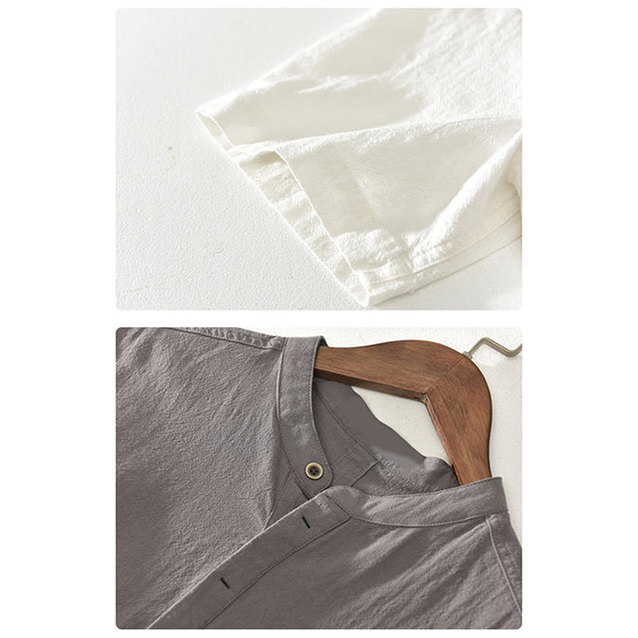 Buddha Stones Solid Color Short Sleeve Half Button Shirt Cotton Linen Men Clothing - image 15