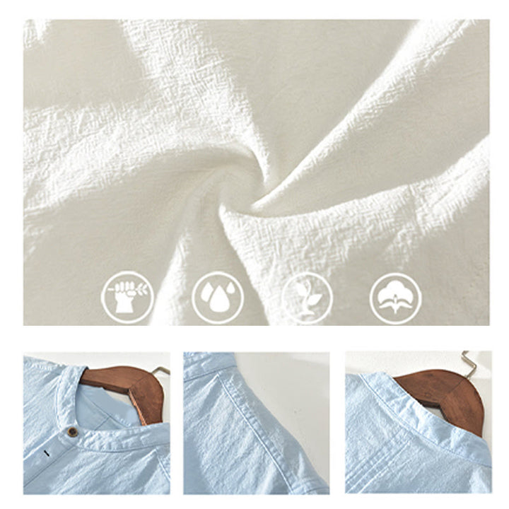 Buddha Stones Solid Color Short Sleeve Half Button Shirt Cotton Linen Men Clothing - image 16