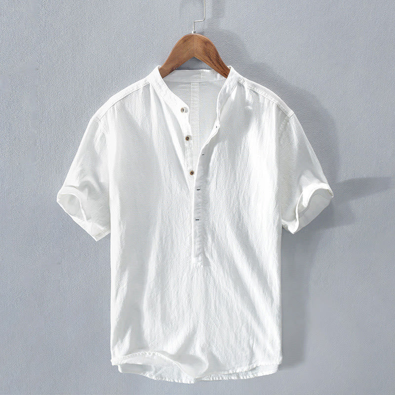 Buddha Stones Solid Color Short Sleeve Half Button Shirt Cotton Linen Men Clothing - White - US/UK/AU42，EU52 (3XL)  - image 9
