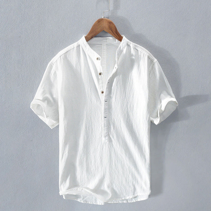 Buddha Stones Solid Color Short Sleeve Half Button Shirt Cotton Linen Men Clothing - White - US/UK/AU42，EU52 (3XL)  - image 9