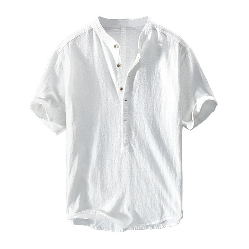 Buddha Stones Solid Color Short Sleeve Half Button Shirt Cotton Linen Men Clothing - image 11