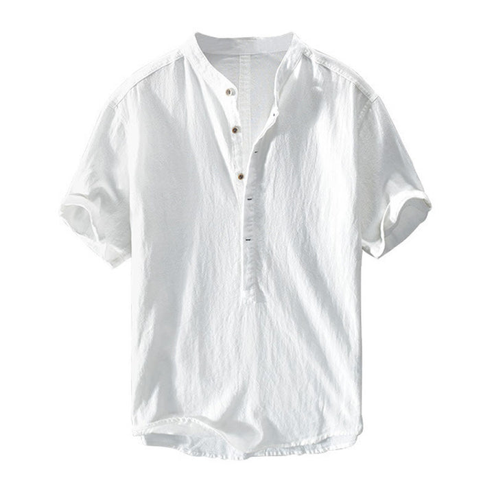 Buddha Stones Solid Color Short Sleeve Half Button Shirt Cotton Linen Men Clothing - image 11