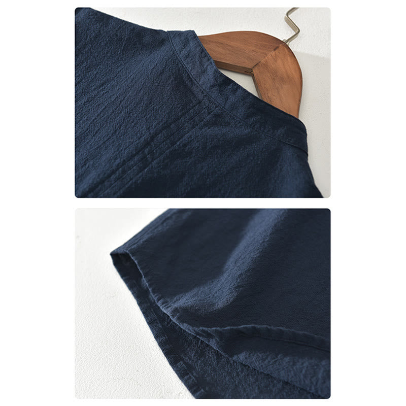 Buddha Stones Solid Color Short Sleeve Half Button Shirt Cotton Linen Men Clothing - image 6