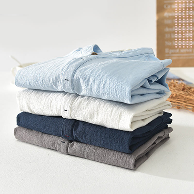 Buddha Stones Solid Color Short Sleeve Half Button Shirt Cotton Linen Men Clothing - image 1