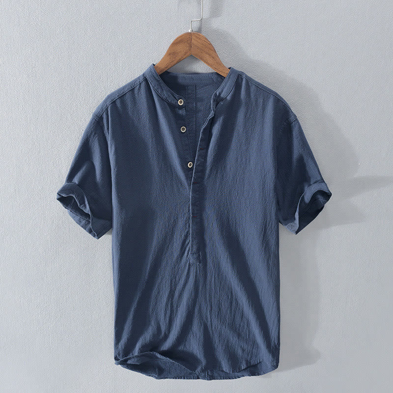 Buddha Stones Solid Color Short Sleeve Half Button Shirt Cotton Linen Men Clothing - SteelBlue - US/UK/AU42，EU52 (3XL)  - image 1