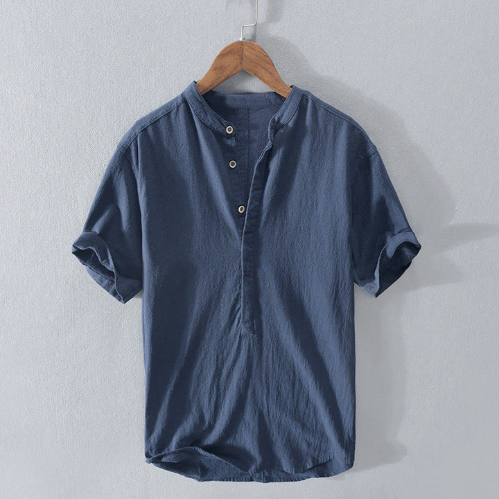Buddha Stones Solid Color Short Sleeve Half Button Shirt Cotton Linen Men Clothing - SteelBlue - US/UK/AU42，EU52 (3XL)  - image 1
