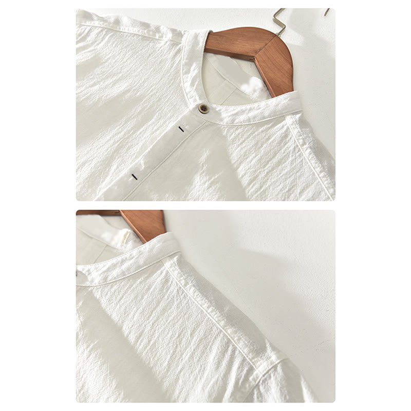Buddha Stones Solid Color Short Sleeve Half Button Shirt Cotton Linen Men Clothing - image 10