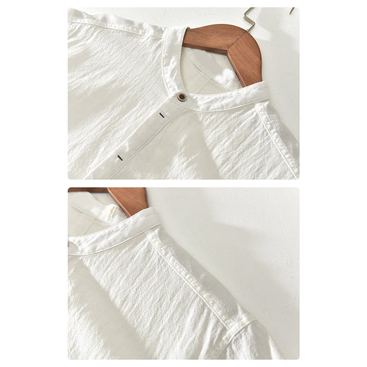 Buddha Stones Solid Color Short Sleeve Half Button Shirt Cotton Linen Men Clothing - image 10