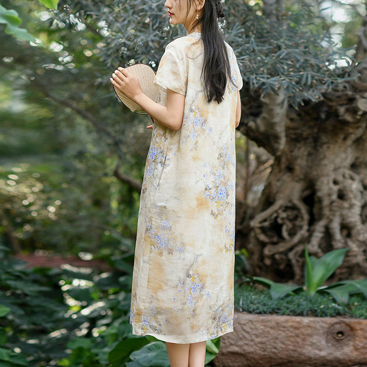 Buddha Stones Flowers Plant Short Sleeve Ramie Linen Chinese Cheongsam Midi Dress With Pockets