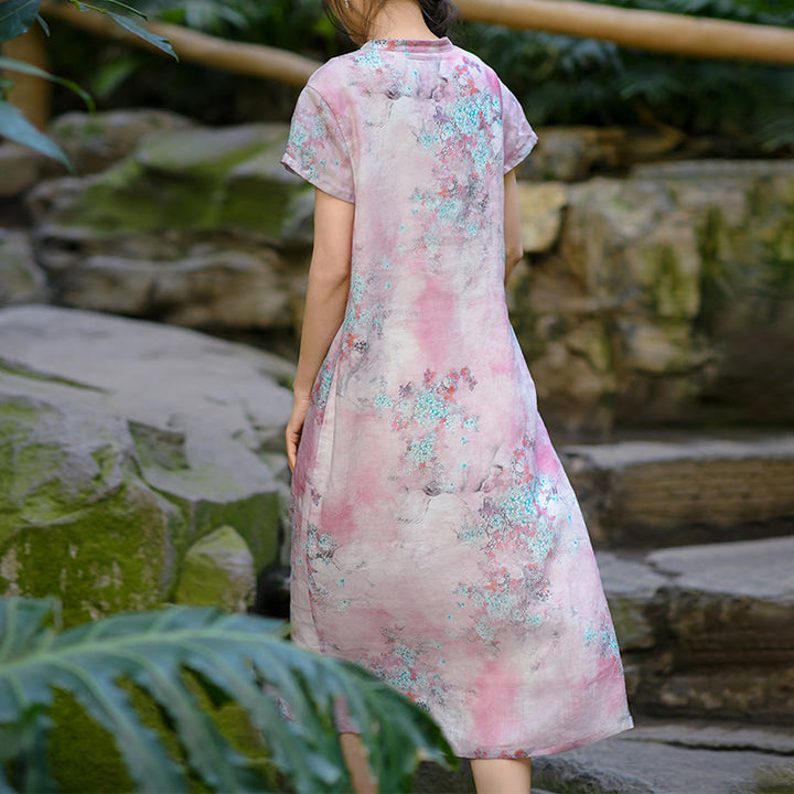 Buddha Stones Flowers Plant Short Sleeve Ramie Linen Chinese Cheongsam Midi Dress With Pockets