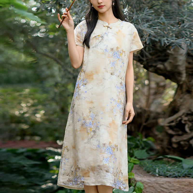 Buddha Stones Flowers Plant Short Sleeve Ramie Linen Chinese Cheongsam Midi Dress With Pockets