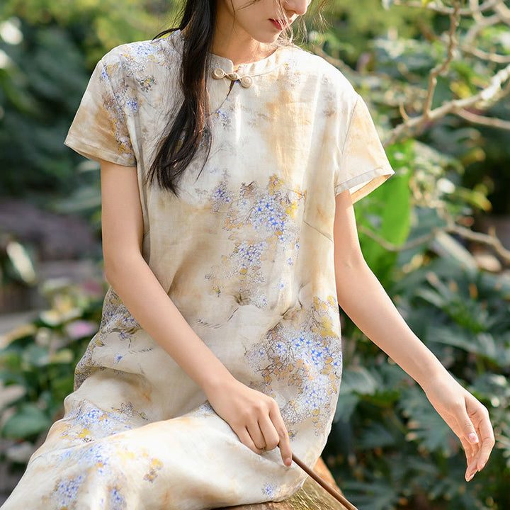 Buddha Stones Flowers Plant Short Sleeve Ramie Linen Chinese Cheongsam Midi Dress With Pockets