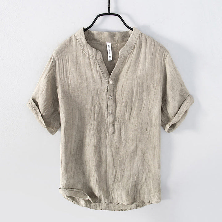 Buddha Stones Solid Color Short Sleeve Half Button Shirt Cotton Linen Men Clothing