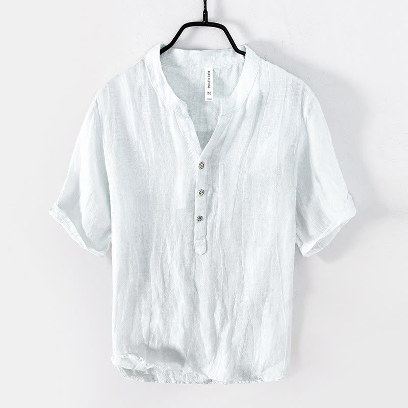 Buddha Stones Solid Color Short Sleeve Half Button Shirt Cotton Linen Men Clothing