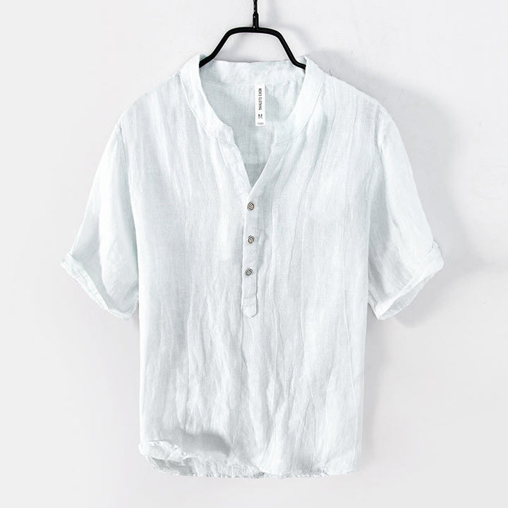 Buddha Stones Solid Color Short Sleeve Half Button Shirt Cotton Linen Men Clothing