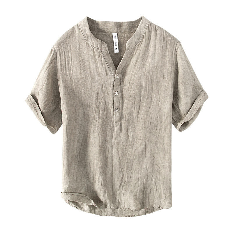 Buddha Stones Solid Color Short Sleeve Half Button Shirt Cotton Linen Men Clothing