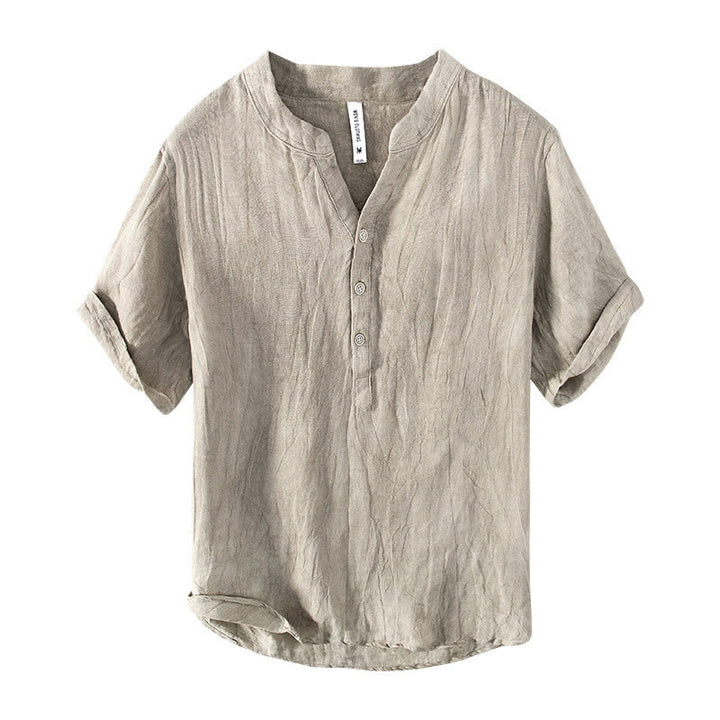 Buddha Stones Solid Color Short Sleeve Half Button Shirt Cotton Linen Men Clothing