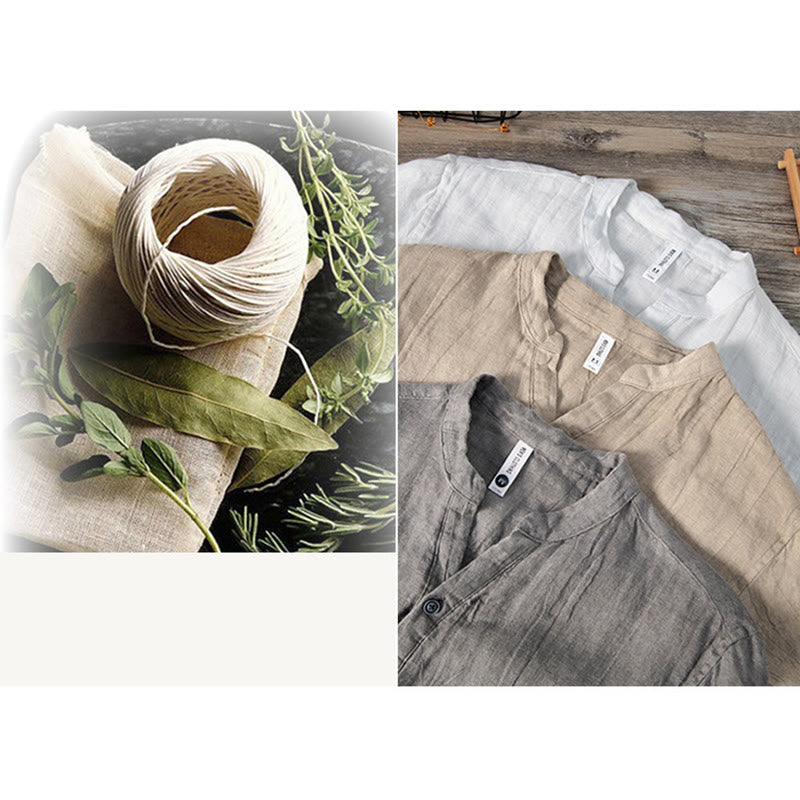 Buddha Stones Solid Color Short Sleeve Half Button Shirt Cotton Linen Men Clothing