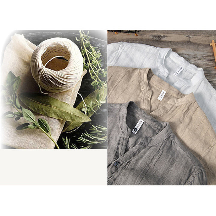 Buddha Stones Solid Color Short Sleeve Half Button Shirt Cotton Linen Men Clothing