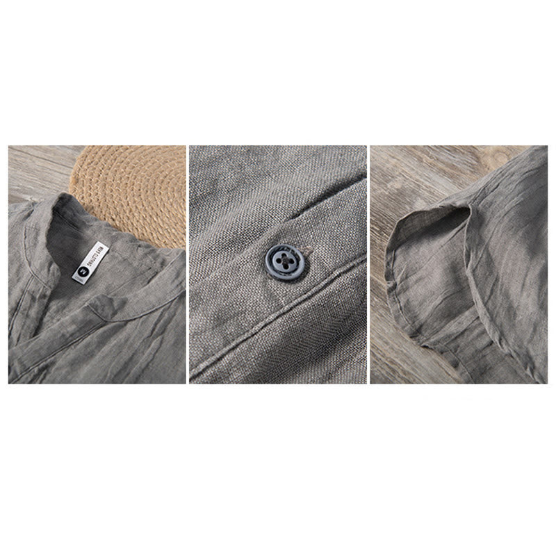 Buddha Stones Solid Color Short Sleeve Half Button Shirt Cotton Linen Men Clothing