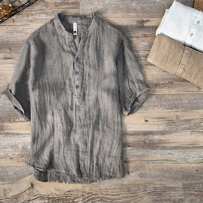 Buddha Stones Solid Color Short Sleeve Half Button Shirt Cotton Linen Men Clothing