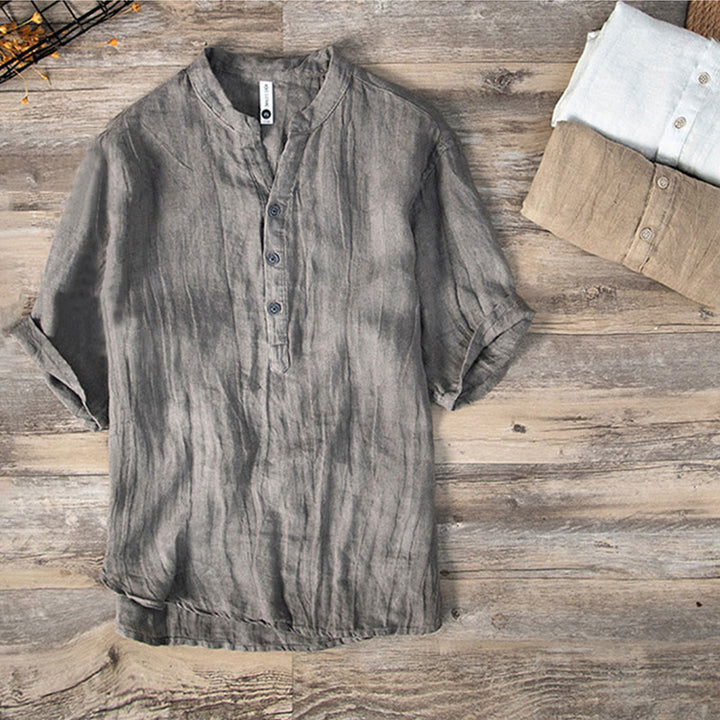 Buddha Stones Solid Color Short Sleeve Half Button Shirt Cotton Linen Men Clothing