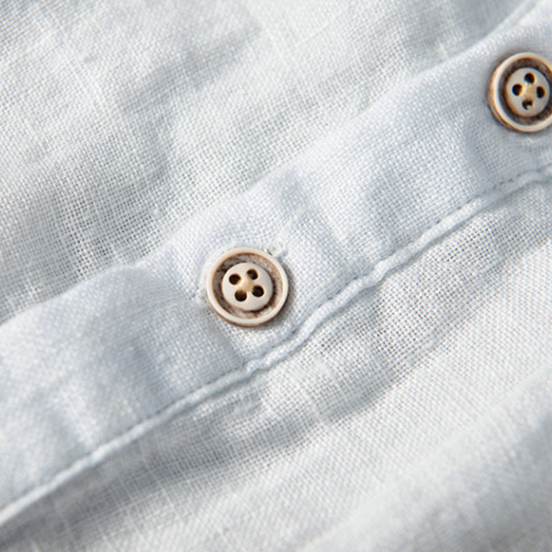Buddha Stones Solid Color Short Sleeve Half Button Shirt Cotton Linen Men Clothing