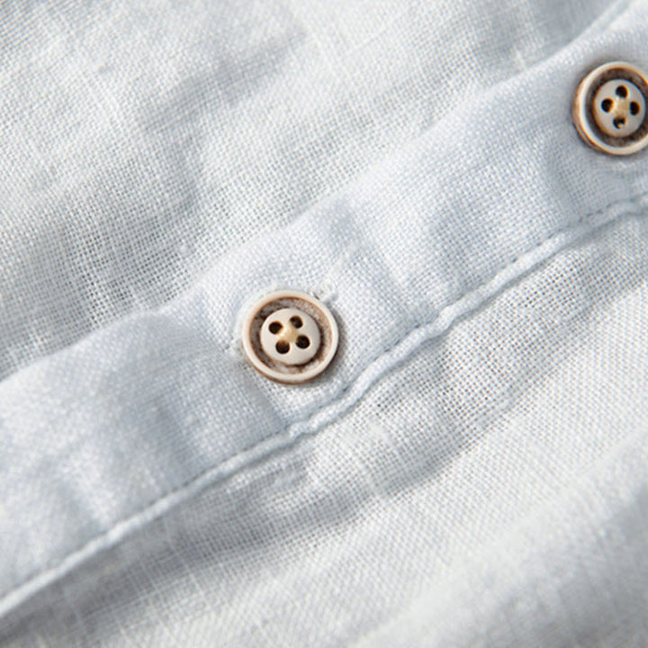 Buddha Stones Solid Color Short Sleeve Half Button Shirt Cotton Linen Men Clothing