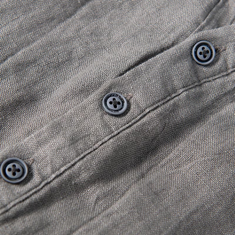 Buddha Stones Solid Color Short Sleeve Half Button Shirt Cotton Linen Men Clothing