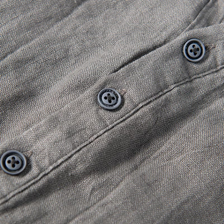 Buddha Stones Solid Color Short Sleeve Half Button Shirt Cotton Linen Men Clothing