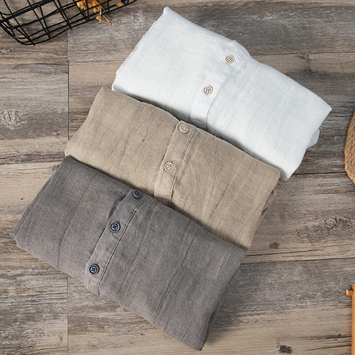 Buddha Stones Solid Color Short Sleeve Half Button Shirt Cotton Linen Men Clothing