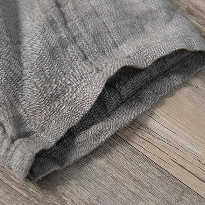 Buddha Stones Solid Color Short Sleeve Half Button Shirt Cotton Linen Men Clothing