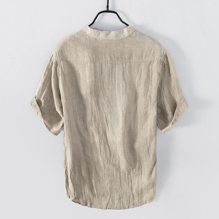 Buddha Stones Solid Color Short Sleeve Half Button Shirt Cotton Linen Men Clothing - image 20