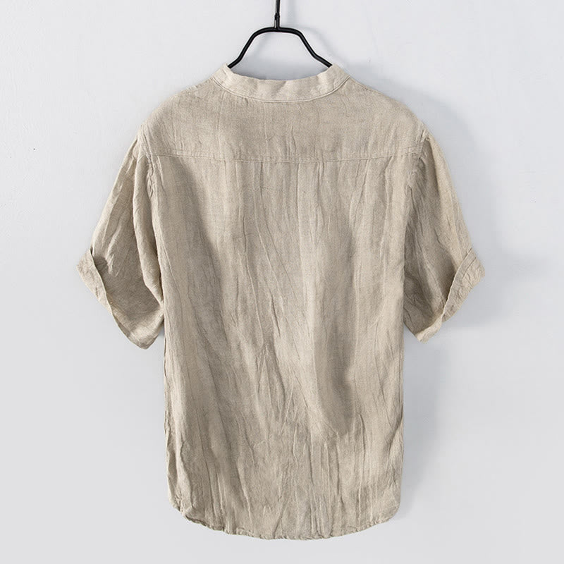 Buddha Stones Solid Color Short Sleeve Half Button Shirt Cotton Linen Men Clothing