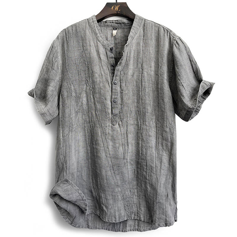 Buddha Stones Solid Color Short Sleeve Button Shirt Linen Men Clothing